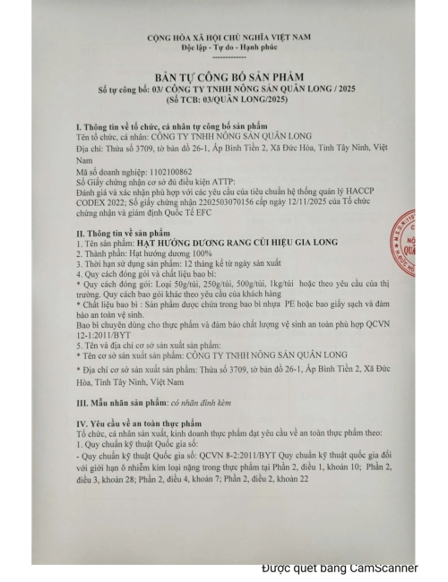 BẢN TỰ CÔNG BỐ HẠT HƯỚNG DƯƠNG